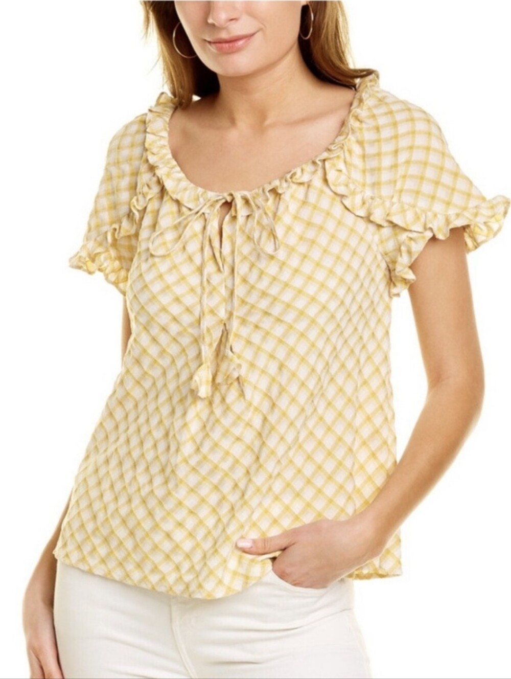 New Yellow & White Gingham Ruffle Sleeve Peasant Blouse Cottagecore Size S